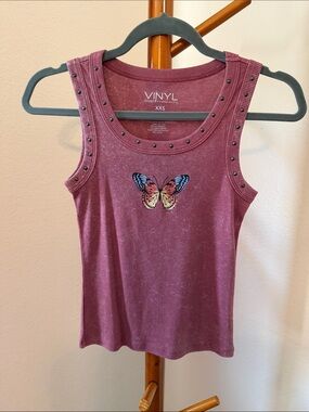 Vinyl Brand Rose-Mauve Butterfly Studded Tank Top